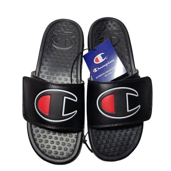 Champion Unisex Slide Sandals Men Size 7 Women Size 9 Black Hook & Loop Closure - Picture 2 of 12